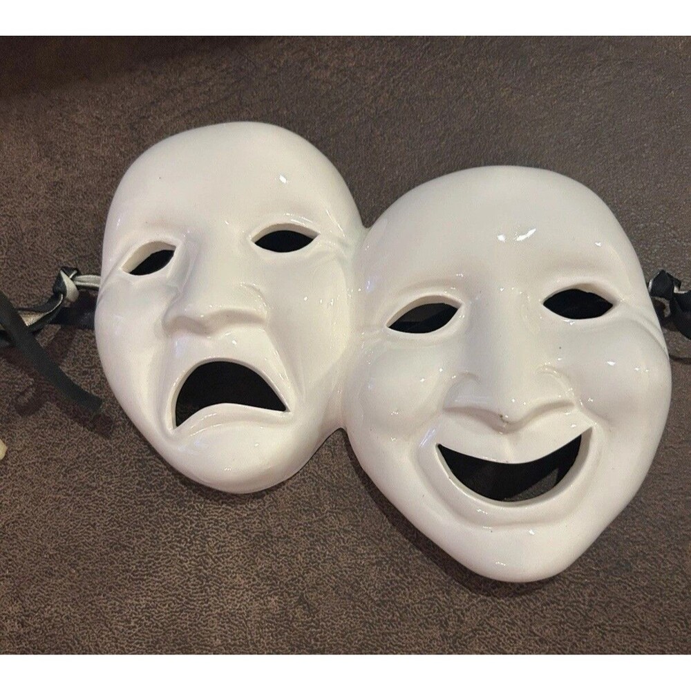 Vtg. Clay Art Theater Mask wall hanging White Y2K Ceramic Comedy & Tragedy 6.5”